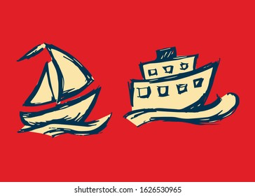 Vector Illustration of Set or Collection of Poster Ship, Sail, or Boat
