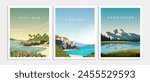 Vector illustration. Set, collection of posters, banners, cards, covers. Tourism, travel. Modern design. France, Mexico, Canada. Posters on the wall.