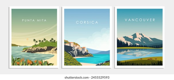 Ilustración vectorial. Set, colección de carteles, Anuncios, tarjetas, portadas. Turismo, viajes. Diseño moderno. Francia, México, Canadá. Carteles en la pared.