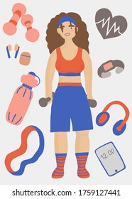 
vector illustration set collection of stickers sports girl female surrounded by fitness bottle, bracelet, headphones.
healthy lifestyle body positive training