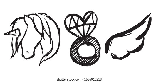 Vector Illustration of Set or Collection of Unicorn Magical Horse, Heart Love Shape, and Angel Wings.