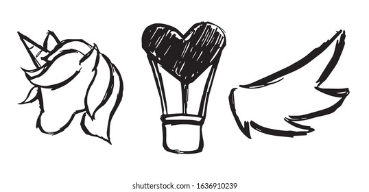 Vector Illustration of Set or Collection of Unicorn Magical Horse, Heart Love Shape, and Angel Wings.