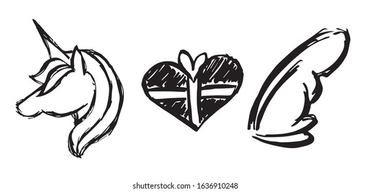 Vector Illustration of Set or Collection of Unicorn Magical Horse, Heart Love Shape, and Angel Wings.
