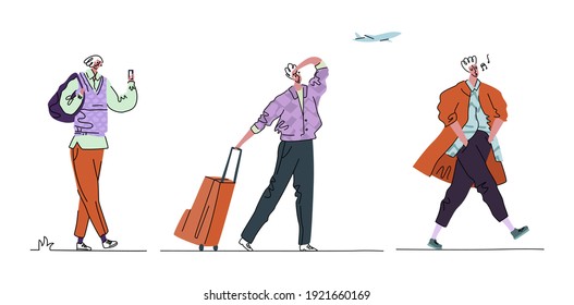 Vector illustration with set, collection walking men in everyday life. It shows character of tourist with luggage, another humming tune, and looking at phone.