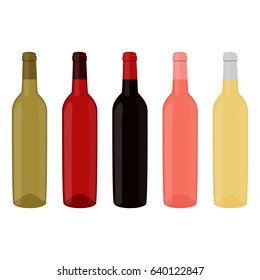 Vector illustration set, collection of wine bottles with red, white and rose wine. Alcohol bottle icon
