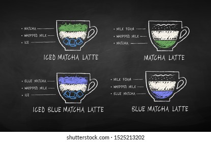 Vector illustration set of color chalk drawn Matcha tea recipes on chalkboard background.