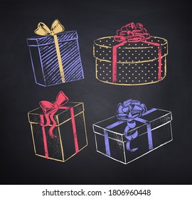 Vector illustration set of color chalk drawn gift boxes in vintage retro style on black chalkboard background.
