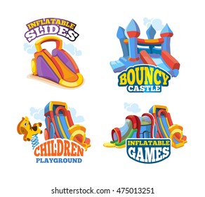 Vector illustration set of color emblems with toys for games on inflatable playground. Advertise labels with place for your text. Pictures isolate on white background. Flat style