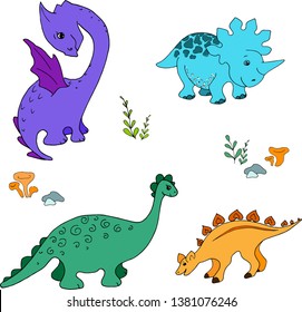 Vector illustration. Set of color images of dinosaurs. Isolated elements on white light background. Cute funny naughty Dino.
