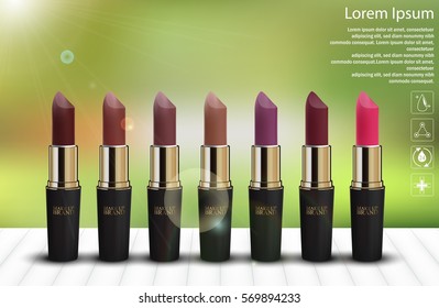 Vector illustration of Set of color lipsticks sparkling background