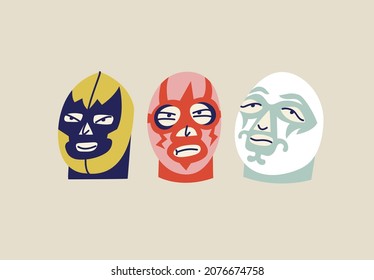 Vector illustration set of color mexican wrestlers head. Wrestler fighter in mask character