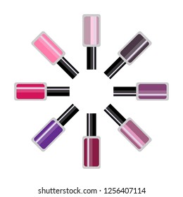 Vector illustration. Set of color nail polish isolated on white background. Vector illustration. circle Design for sale, advertising.