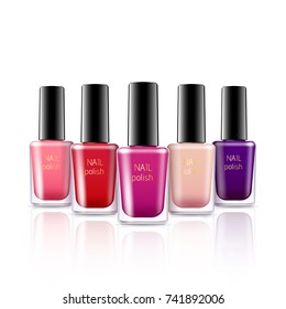 Vector illustration set of a color nail polish. Isolated realistic glass bottles on white background