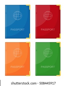 Vector illustration of a set color passport in a color cover on a white background. Isolated object. Cartoon style passport