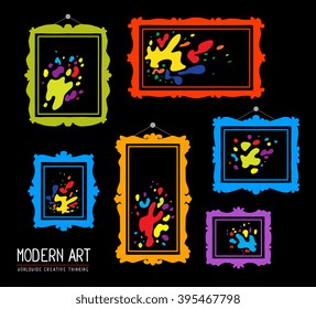 Vector illustration of set of color rectangular frames with colorful spots on black background. Art design for web, site, advertising, banner, poster, flyer, brochure, board, card, paper print.