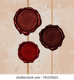 Vector illustration of set of color wax seal and brush the rope on a background of aged paper