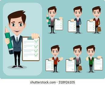 Vector illustration of a Set colored cartoon character Friendly businessman leaning against contract blank, agreement giving the thumbs up. Stock Vector illustration Set