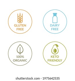 Vector illustration set of colored icons of safe food without allergens. Keto diet, lactose and milk free, gluten free, organic food. For labels and packaging