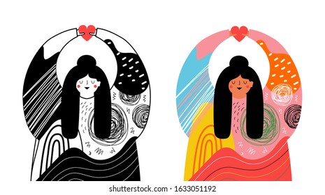 Vector illustration set with colored and monochrome big girl in abstract doodle elements sweater with heart in hands. Self love and care female poster, greeting card template