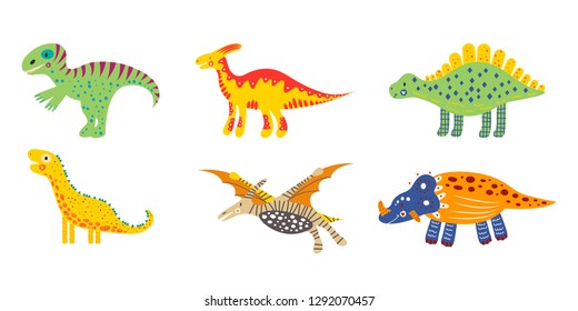 vector illustration. set of colored nursery cute kids dinosaurs. For children's t-shirts, posters, banners, greeting cards, wall art.