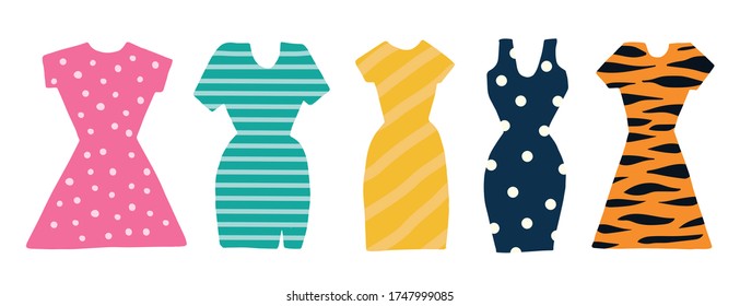 Ilustración vectorial de vestidos de mujeres coloreadas. Rosa con puntos, verde, amarillo con rayas y doodle dibujado a mano de tigre. Libro de coloración sobre el tema de la ropa de la mujer, vestidos para las niñas.