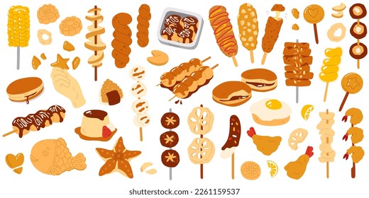 Ilustración vectorial conjunto de colores en un estilo lindo doodle comida asiática para impresión, diseño, tarjeta de saludo, pegatina, icono