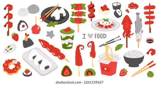 Ilustración vectorial conjunto de colores en un estilo lindo doodle comida asiática para impresión, diseño, tarjeta de saludo, pegatina, icono