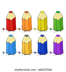 Vector illustration. A set of colored pencils with broken slips. Broken pencils.