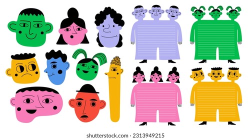 Ilustración vectorial con personas de color. Plantilla de seguimiento de estado de ánimo de emoción, páginas de agenda para portátiles, colección divertida de paquetes de emoticones escolares, diseño de impresión de ropa