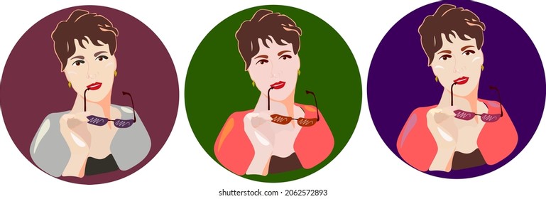 ilustración vectorial de un conjunto de retratos de color de una mujer con una chaqueta mordiendo el arco de sus lentes