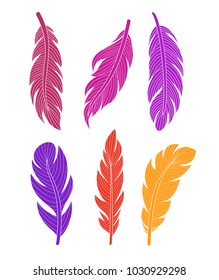 Vector illustration set of colored silhouette feathers on white background.
