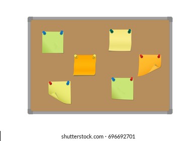 Vector illustration of a set of colored sticky papers pinned with colored pin on a cork board