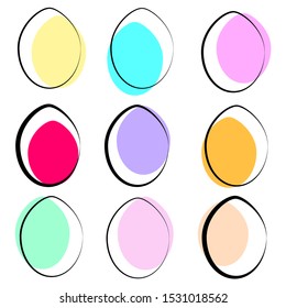 Vector illustration with set of colorful abstract Easter eggs on blank background. Color and uneven lines are used. Postcards, invitations, greeting cards, web design, printing products can be used.