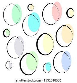 Vector illustration with set of colorful abstract isolated Easter eggs of different sizes on empty background. Offset color and uneven lines are used. Postcards, invitations, greeting cards can used.