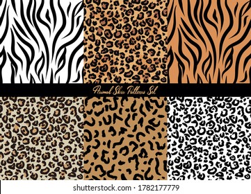 Vector illustration set of colorful animal print. Wildlife vector seamless texture for wallpaper, textile, poster, web, background in flat style. Trendy textile