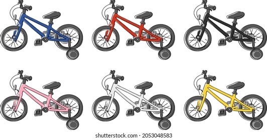 Vector illustration set of colorful bicycles, children's bicycles with training wheels