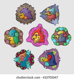 Vector illustration: A set of colorful bird heads on corresponding plates