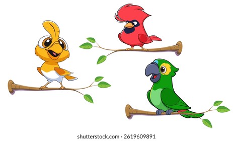 vector illustration of a set of colorful birds made in cartoon style isolated on white background.