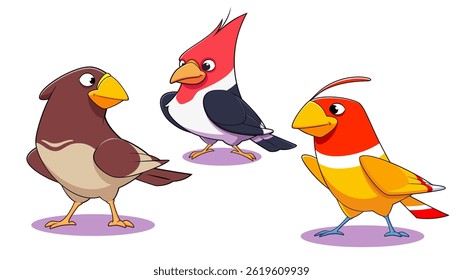vector illustration of a set of colorful birds made in cartoon style isolated on white background.