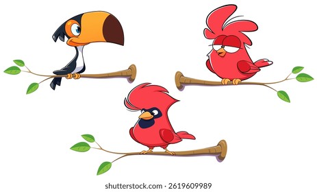 vector illustration of a set of colorful birds made in cartoon style isolated on white background.