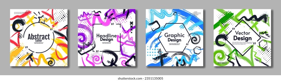 Ilustración vectorial. Juego de tarjetas de colores. Dibujar formas de pincel y salpicadura. Diseño para tarjeta, afiche, postal, invitación. Diseño de estilo hipster.