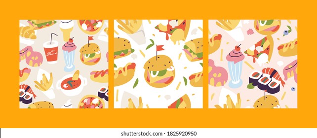 Vector illustration set of colorful cartoon fast food icons. Seamless pattern with junk food