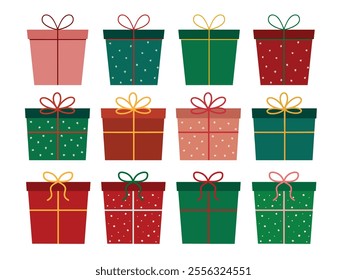 Vector illustration set of colorful Christmas gift boxes. Cartoon clip art of present boxes in red, green, pink and gold colors.