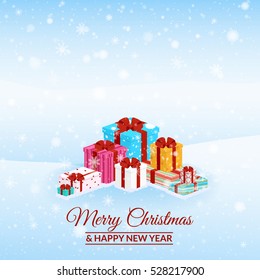 Vector illustration. Set of colorful Christmas presents, decorated with ribbons and patterns on the snow. Snowfall. Festive background