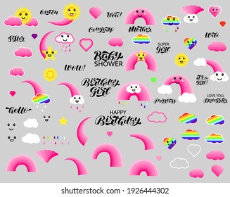 Vector illustration. Set of colorful clouds and rainbows isolated on a transperent bakground. Decor for girl birthday