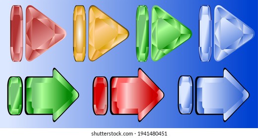 Ilustración vectorial. Juego de flechas de cristal coloridas para web, juegos de ordenador
