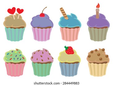 Vector illustration set of colorful cupcakes in different flavors and toppings isolated on white background.