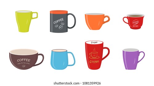 Vector illustration. Set of colorful cups isolated on white background.