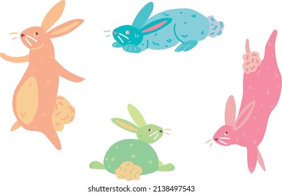 Vector illustration Set with colorful dancing and sitting rabbit characters