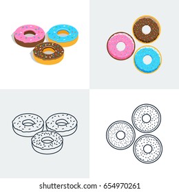Vector illustration. Set of colorful donut icons. Isometric, flat style, contour, 3D.
